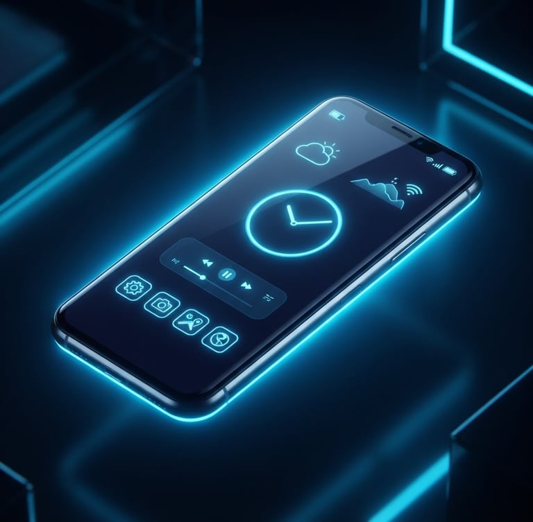 Vibrant digital 3D render of a sleek Android smartphone mockup, high-contrast neon electric blue backlighting, showing a clean minimalist utility interface on screen, isometric perspective