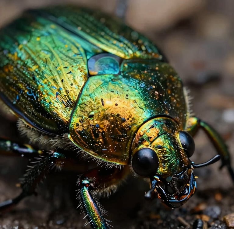 Extreme macro photography of an iridescent beetle shell, showing deep green and gold textures, natural diffused forest light, 100mm lens