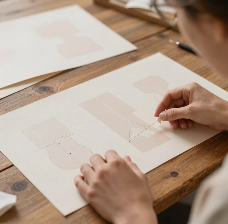 Over-the-shoulder shot of hands neatly arranging printed sewing paper molds on a rustic wooden table, soft natural daylight, warm sienna tones, shallow depth of field