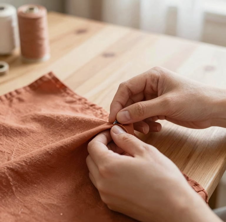 Close-up of hands neatly sewing a terracotta fabric on a wooden table, soft natural morning light, warm domestic environment, shallow depth of field