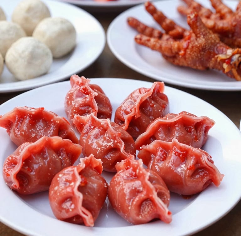 Close-up portrait shot of fresh raw seblak toppings like cheese dumplings, fishballs, and tender chicken feet arranged neatly on clean white ceramic plates, bright natural daylight