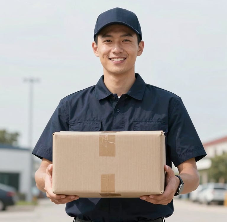 Eye-level portrait of a professional courier in a neat dark uniform holding a clean package, bright overcast midwestern daylight, smiling confidently, shallow depth of field