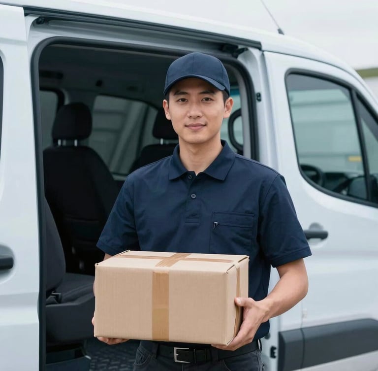 Eye-level portrait of a professional courier in a neat dark uniform standing beside an open cargo van, holding a secure package, bright overcast midwestern daylight, cool blue tones, sharp focus