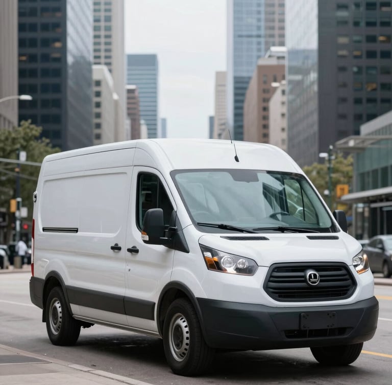 Medium shot of a clean white cargo van in transit through a bright overcast Chicago street, skyscrapers blurred in the background, cool steel tones, sharp focus, 35mm