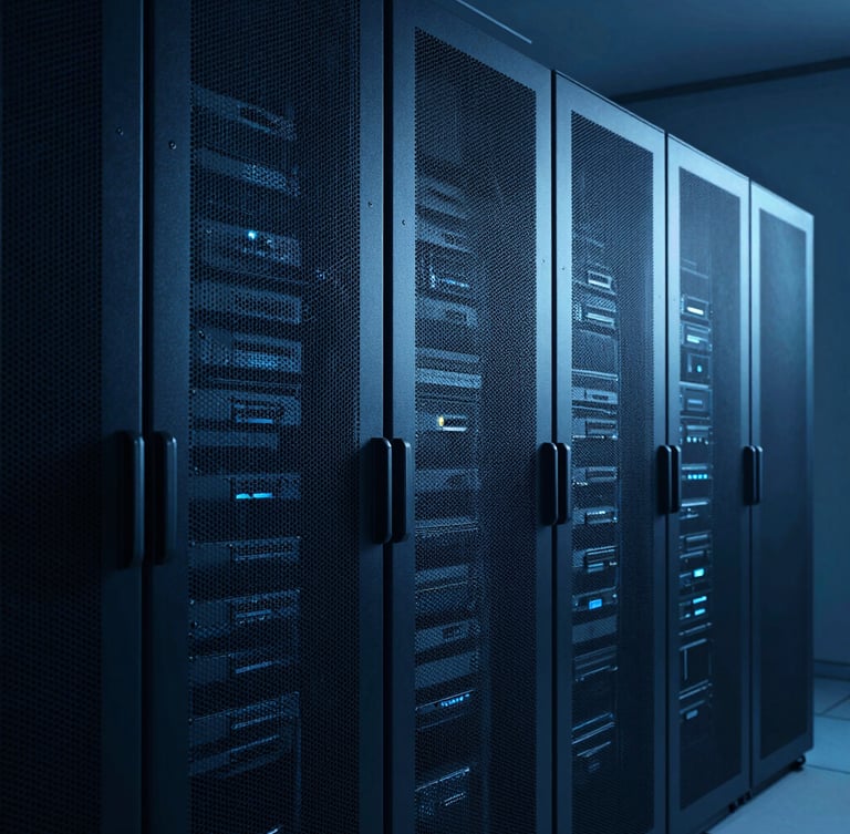 Sleek architectural photography of a high-security server room, cool dramatic studio lighting, deep blue and cyan tones, sharp focus, 35mm