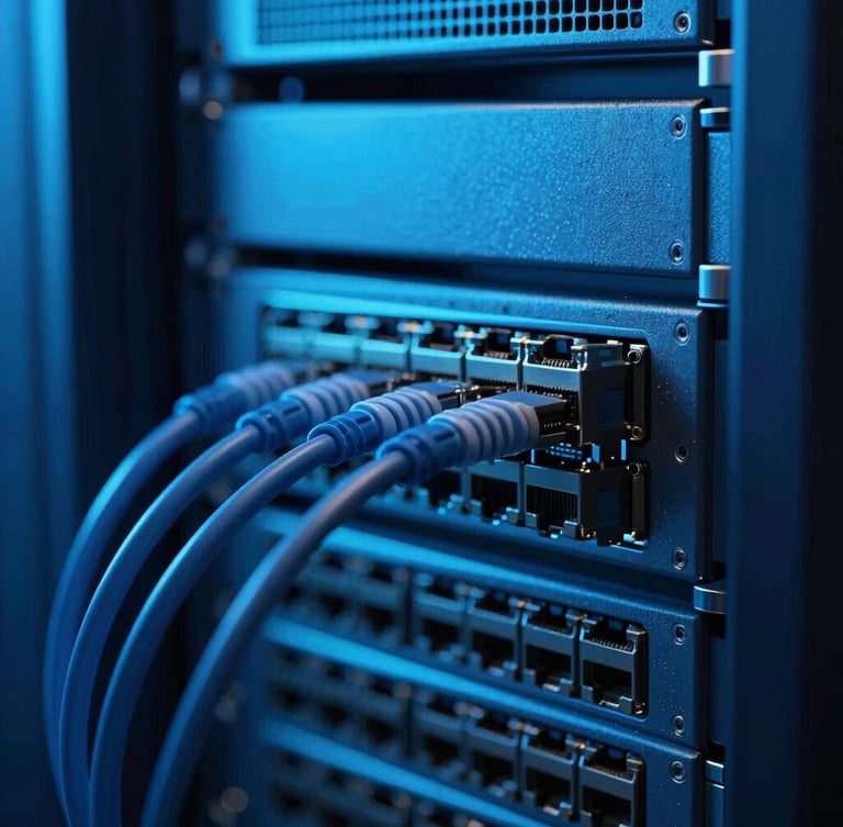 Macro shot of a server rack with blue and cyan backlighting, sharp focus on network cables, sleek architectural photography, cool dramatic studio lighting, deep blue and cyan tones, 35mm