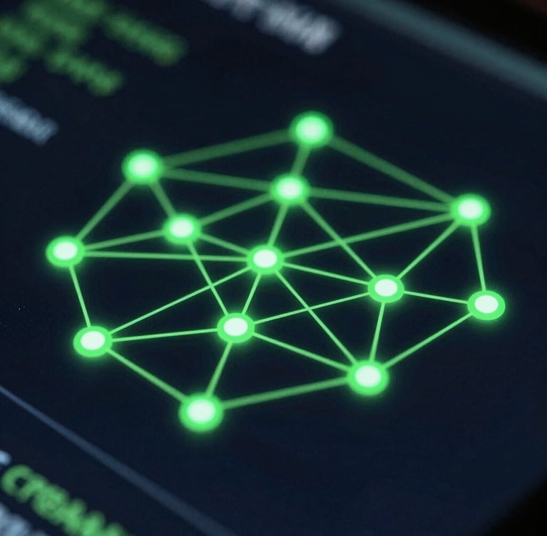 Macro technical photograph of a structured node-based network diagram glowing with sharp neon-green indicators on a dark terminal screen.