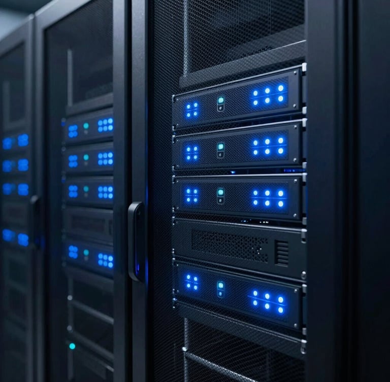 Sleek server racks in a cool-toned data center, low-key ambient light with a sharp neon-blue glow from system indicators.