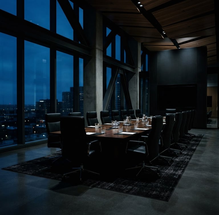 Cinematic low-key photography of a high-end empty boardroom at dusk, cold silver and onyx tones, dramatic architectural framing, 35mm