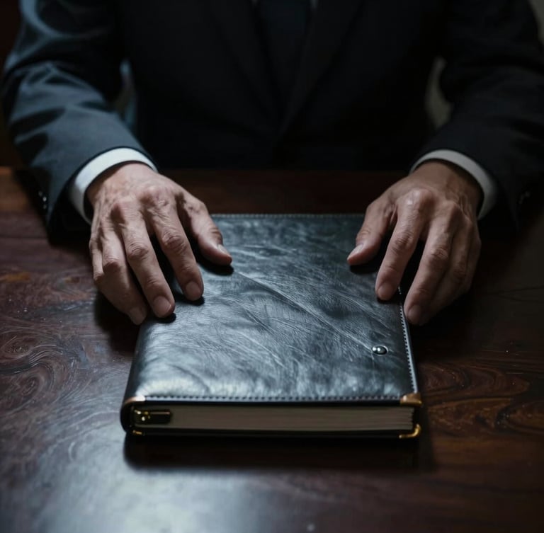 Close-up of hands in dark suits closing a secure leather document case on a dark mahogany table, dramatic low-key chiaroscuro lighting, cold silver tones