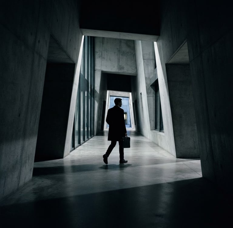 Cinematic low-key photography, sharp silhouette of an elite legal professional walking through a monolithic concrete corridor at dusk, deep shadows, cold silver tones, 35mm