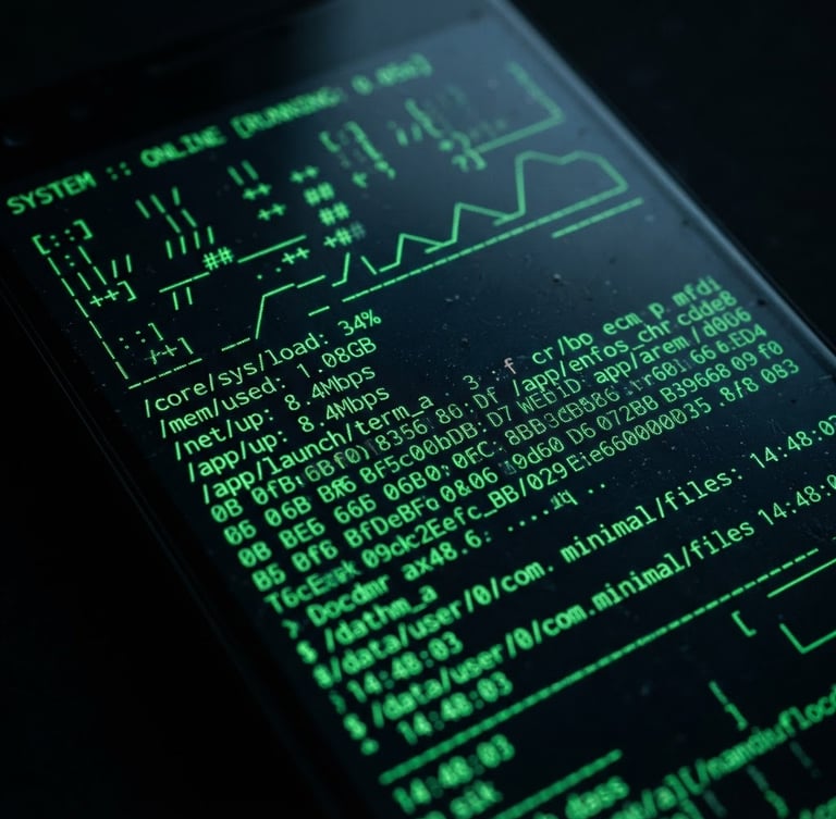 Extreme macro shot of an Android screen displaying a minimalist, monospaced launcher interface with sharp neon green text, dark background, 35mm lens focus.