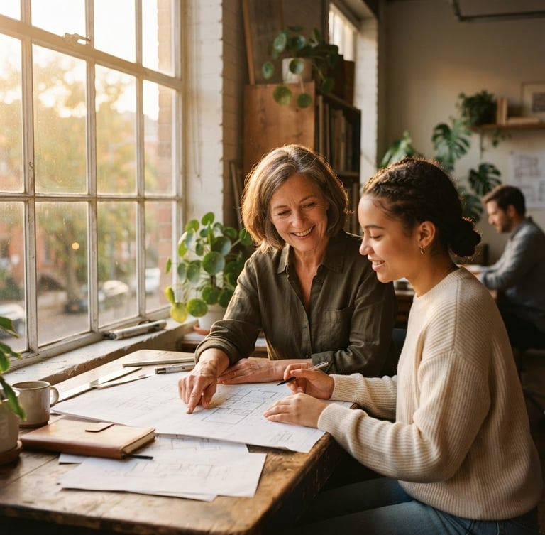 A warm editorial portrait of a mentor and a young adult reviewing plans together near a bright window, golden-hour light, 35mm.