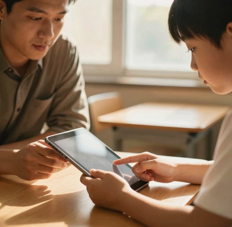A warm close-up of hands-on collaboration, a mentor and student looking over a digital tablet in a sunlit classroom, shallow depth of field, 35mm
