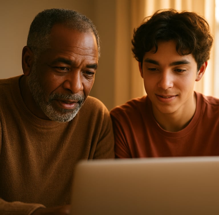 A warm close-up of a mentor and teenager looking over a laptop in a bright room with golden window light, 35mm photography