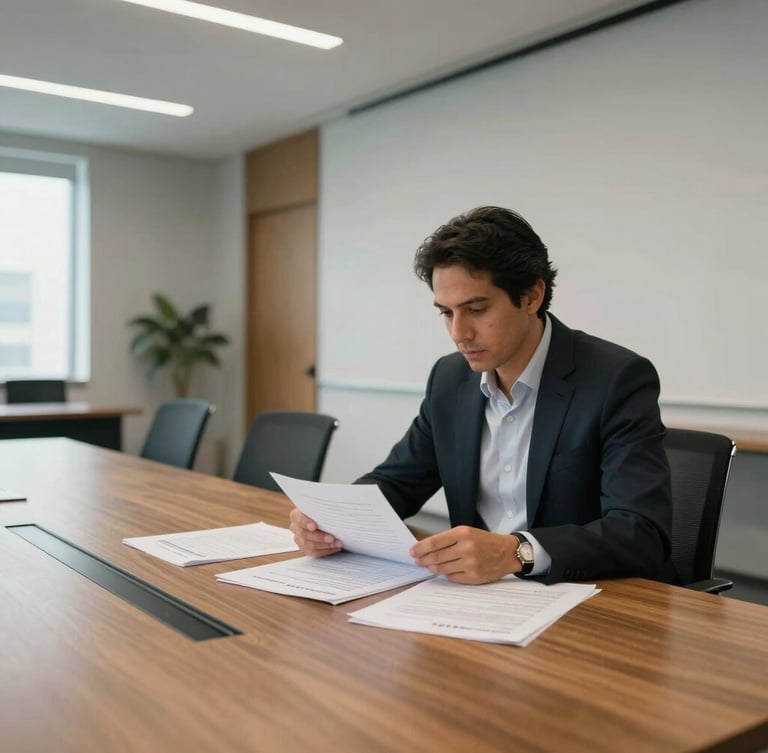 Wide environmental portrait of a modern corporate training room in Mexico City, a focused professional reviewing official documents at a clean wooden table, soft natural side lighting, minimalist architectural lines.