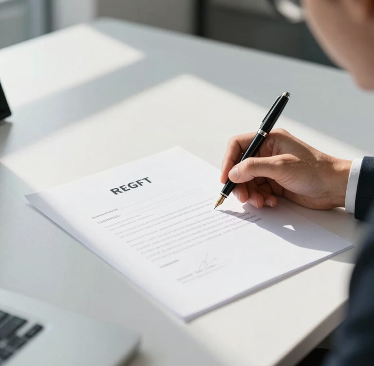 A close-up of a modern, bright office desk. A professional candidate's hand is signing an official certificate next to a fountain pen. Natural daylight streams from the left, creating sharp, clean shadows. Minimalist, premium corporate atmosphere.