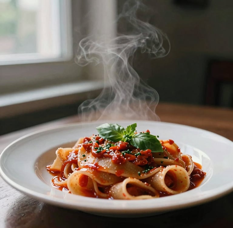 A close-up of steam rising from a freshly plated handmade pasta dish, warm Scandinavian daylight from a side window, soft shadows, 35mm film aesthetic.