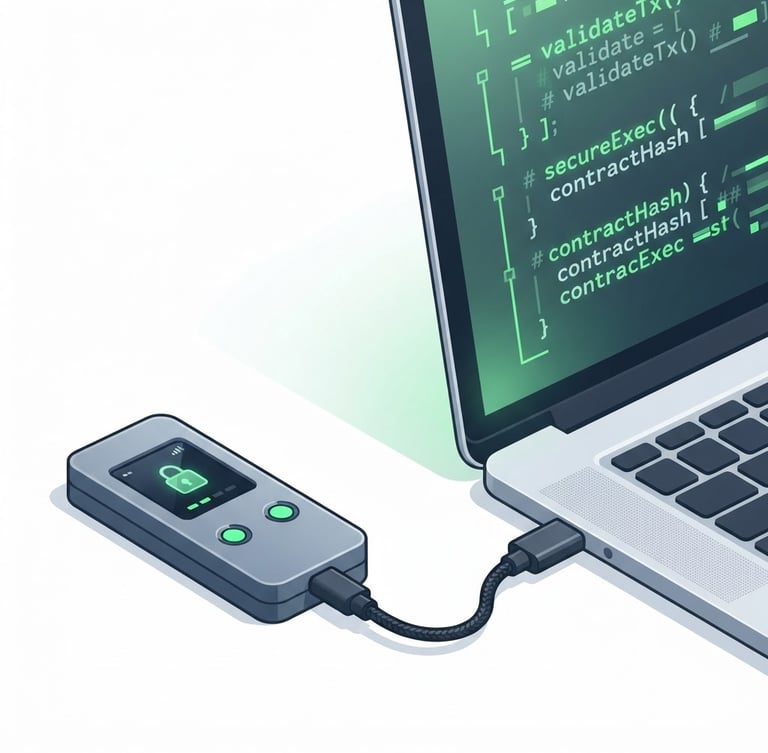 Close-up of a sleek, modern hardware wallet connected to a laptop displaying secure smart contract code snippets, with a subtle green glow from the screen, high-key studio light, clean white backdrop.