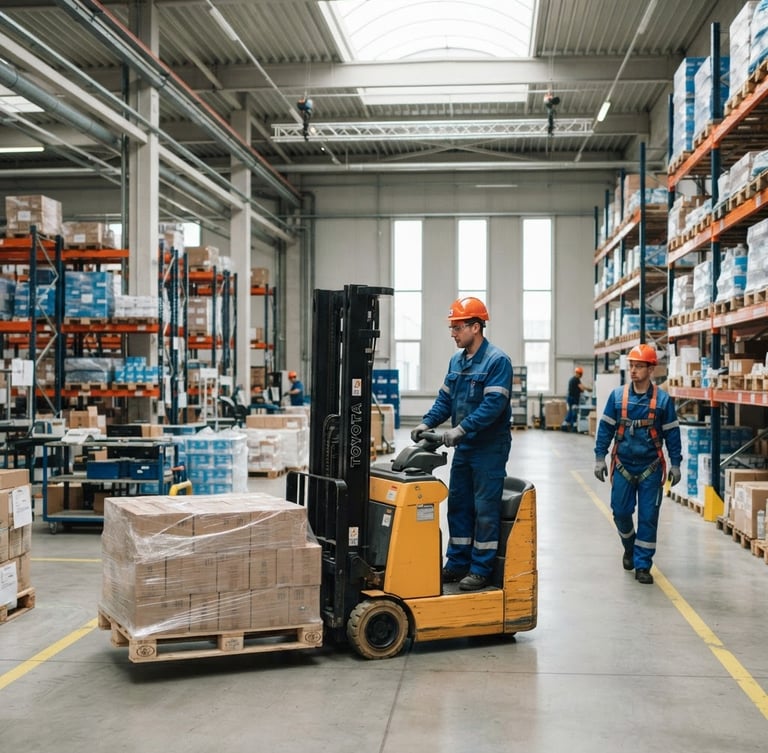 Bright natural daylight industrial warehouse floor, professional workers in blue uniforms and orange safety helmets operating machinery, crisp focus, 35mm lens