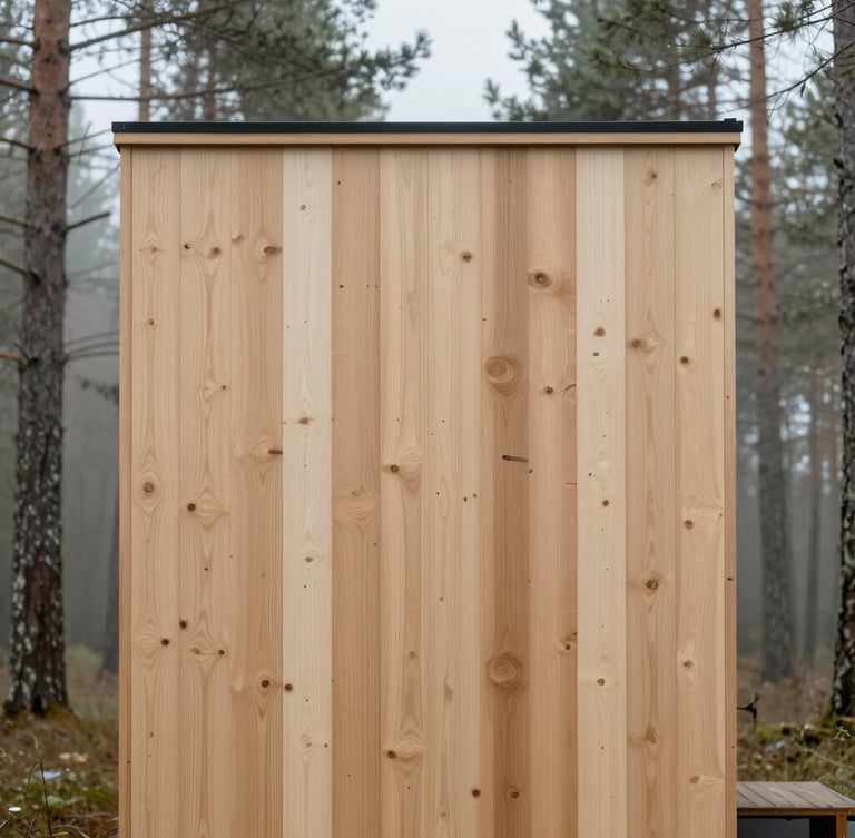 Straight-on eye-level architectural crop of a minimalist timber tiny house facade in a misty pine forest, soft overcast daylight, focus on vertical wood grain.