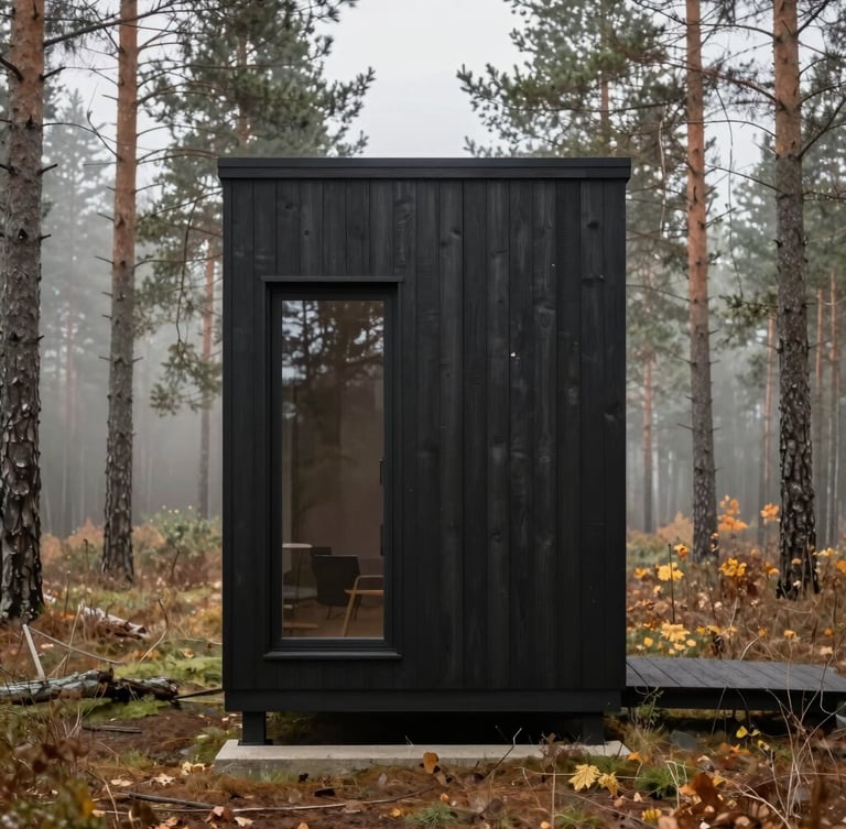 Straight-on eye-level architectural photograph of a minimalist timber tiny house clad in dark stained wood, set against a misty pine forest in autumn, soft overcast daylight, 35mm lens.