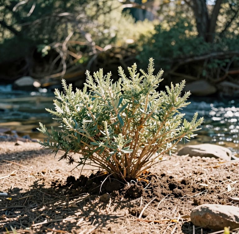 A volunteer planting a native California shrub in a sunny creek bed, soft dappled forest light, warm editorial photography, 35mm film style