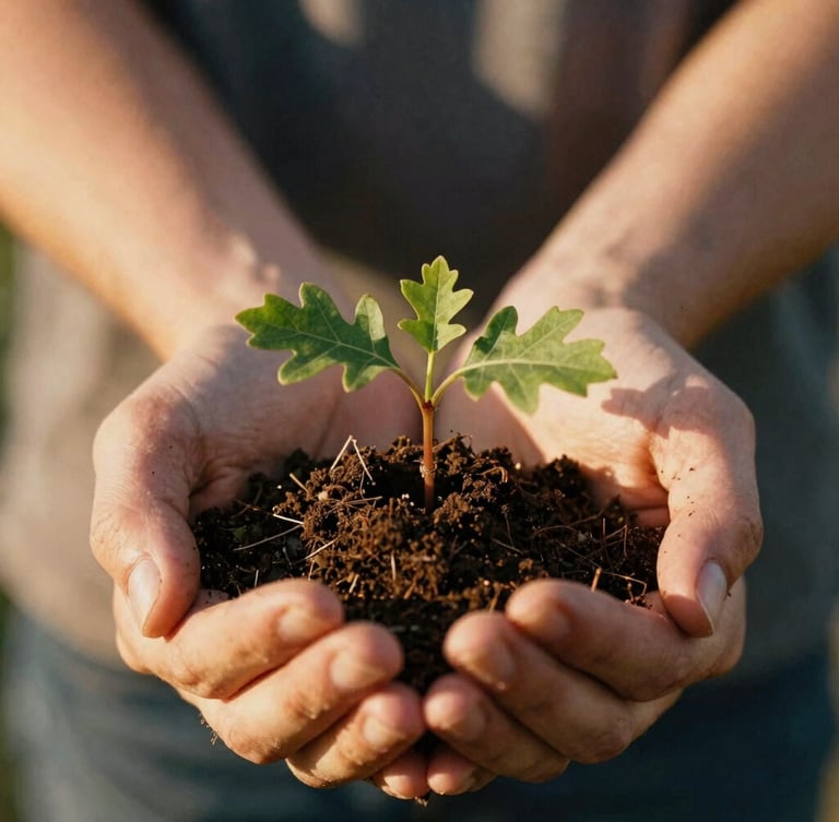 Close-up of hands holding rich dark soil with a small green oak sprout, warm golden-hour California sunlight, shallow depth of field, 35mm film style
