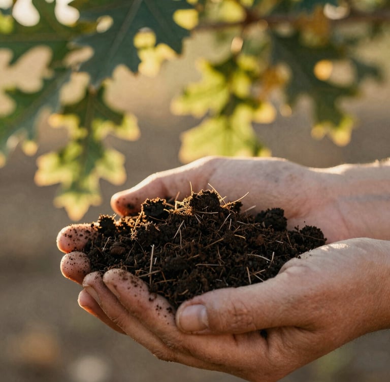 Close-up macro shot of hands holding rich dark California soil, warm golden-hour sunlight filtering through oak leaves, shallow depth of field, 35mm film style