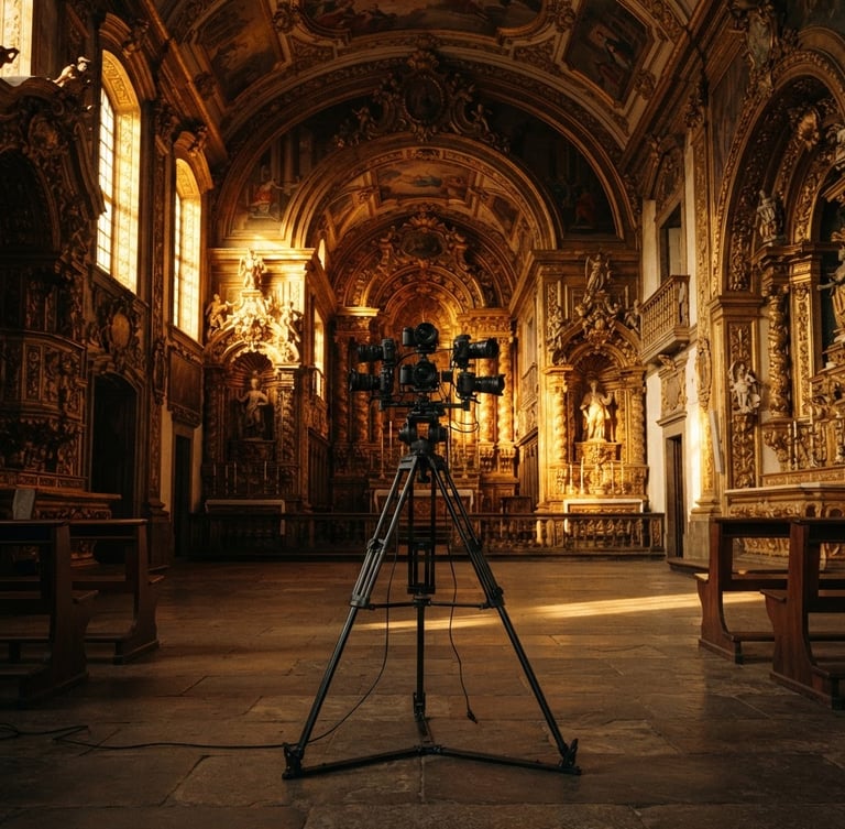 Cinematic wide-angle shot of a professional VR 360 camera rig on a tripod inside a historic baroque church in Minas Gerais, dramatic golden hour light streaming through tall windows, rich contrast, deep shadows, professional 35mm film look.