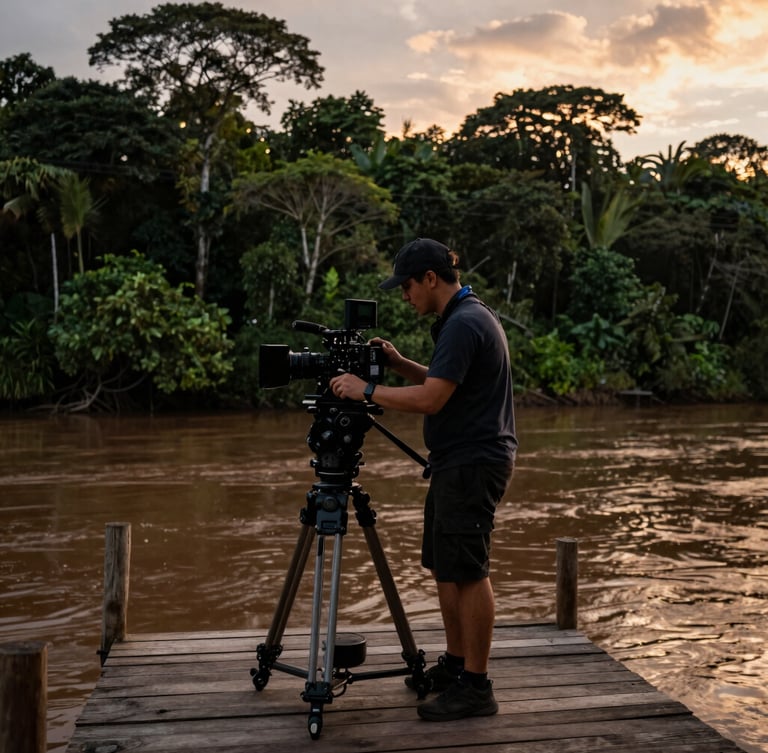 Documentary photograph of a camera operator adjusting a multi-lens 360 camera on a wooden river dock at sunset, lush Amazonian forest in the background, dramatic natural light, professional 35mm film look.