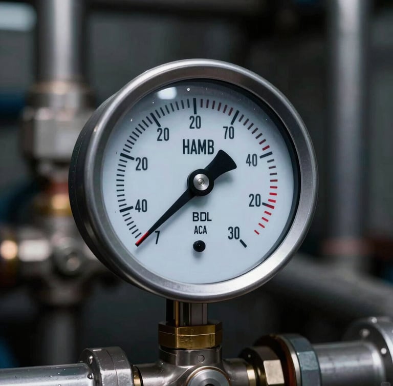 Close-up of a high-contrast digital manifold gauge showing pressure readings in a dark industrial chiller room