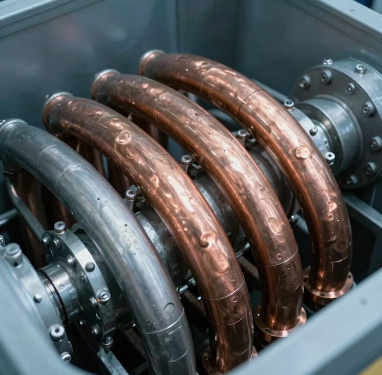 Extreme close-up of a corrosion-resistant copper-nickel sea-water condenser tube bundle inside a massive marine chiller, sharp technical details, cool steel tones.