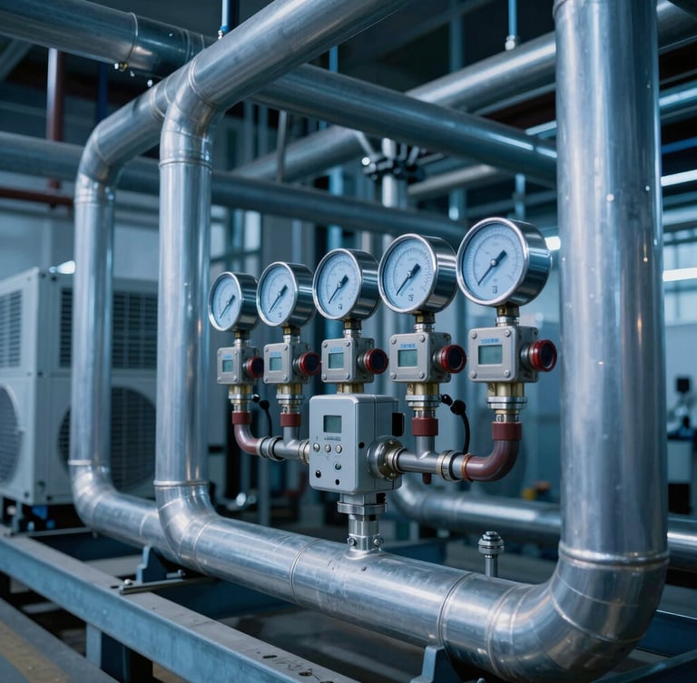 Industrial HVAC-R chiller installation with heavy steel piping and digital manifold gauges, cool blue tones, sharp technical focus