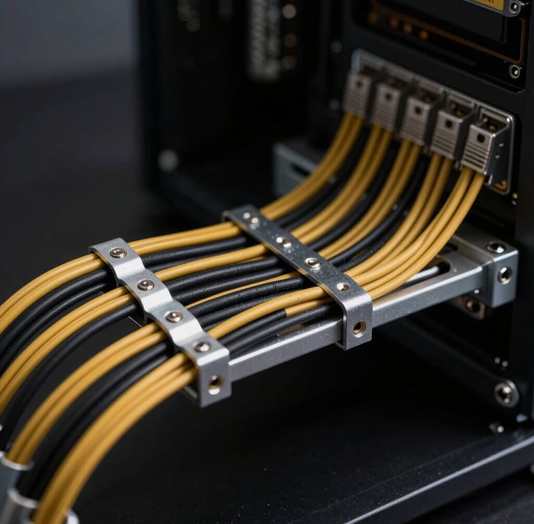 Low-key studio photography of perfectly managed back-panel PC cabling, clean parallel lines of black and gold sleeved cables secured with aluminum combs, dark background, sharp focus.