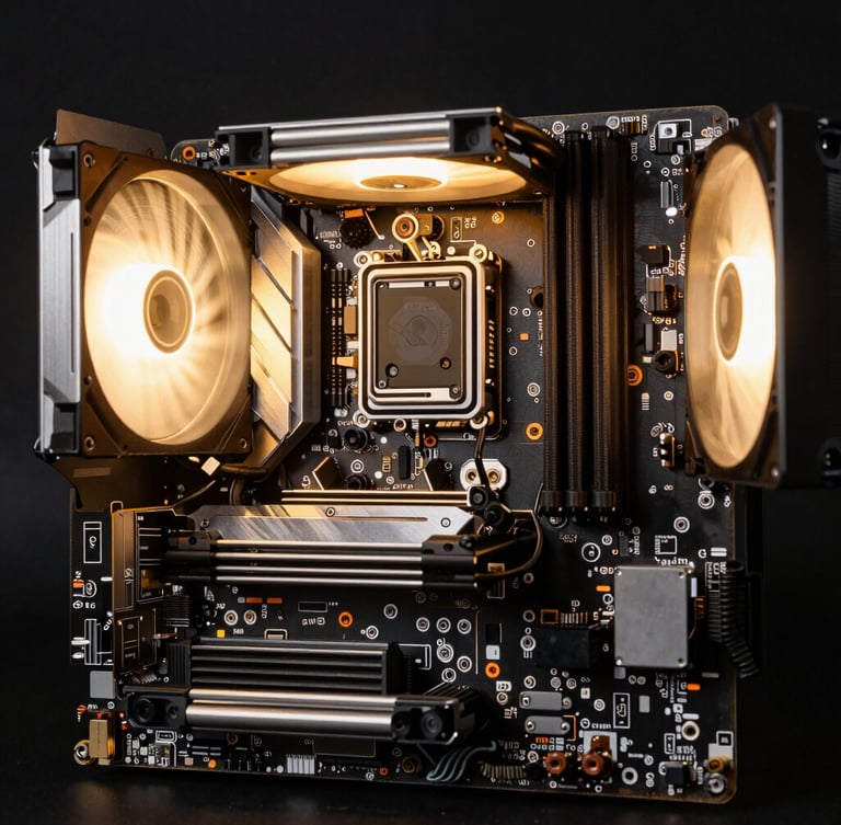 Macro studio photography of a pristine motherboard layout with glowing custom liquid cooling loops, dramatic rim lighting on metallic gold accents, dark obsidian background, sharp focus