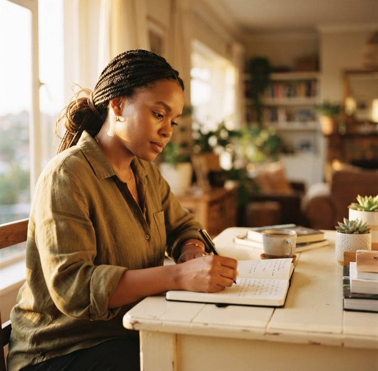 A warm editorial portrait of Thembi Malele working at a cream-colored wooden desk in Johannesburg, soft golden-hour window light filtering in, notebook and ink pen in the foreground, shallow depth of field, 35mm photography.
