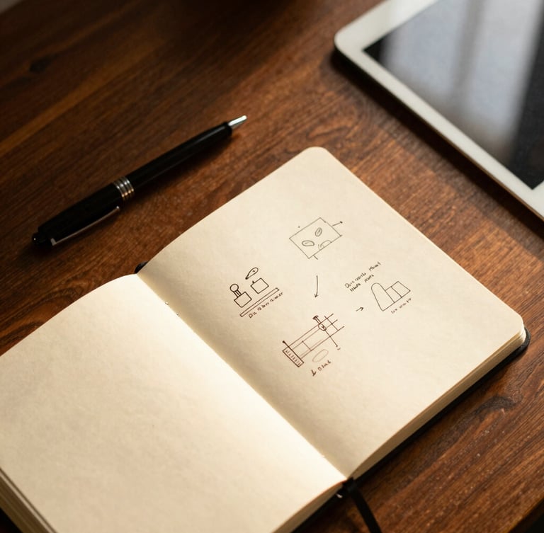Overhead flat-lay of a wooden desk with a black ink pen, a cream-colored notebook showing clean hand-drawn diagrams, and a tablet, warm golden-hour light