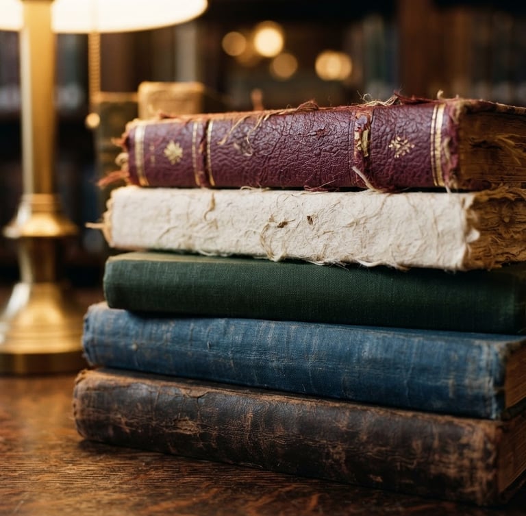 Close-up of beautifully bound stacked hardcover books with rich textured paper covers on a dark oak table, warm golden library lamp light casting soft shadows, shallow depth of field, 35mm photography