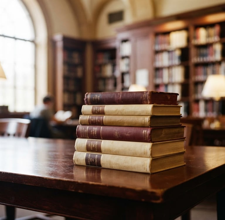 A warm library interior with stacked hardcover books on a dark mahogany table, soft natural window light, shallow depth of field, 35mm photography