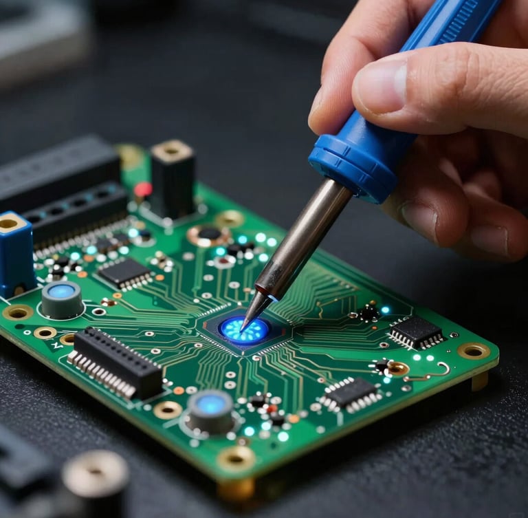 Macro photograph of a technician using a fine-tipped soldering iron on a complex green circuit board, glowing cyan indicator lights, dark background, technical precision