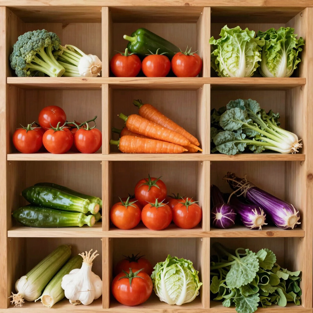 A bright medium shot of neatly organized wooden shelves with fresh colorful vegetables, warm daylight, clean composition, 35mm