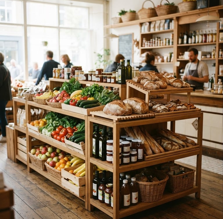 Warm editorial 35mm photography of neatly organized wooden shelves in a neighborhood minimarket, bright natural daylight pouring through windows, fresh bread and produce visible, clean composition