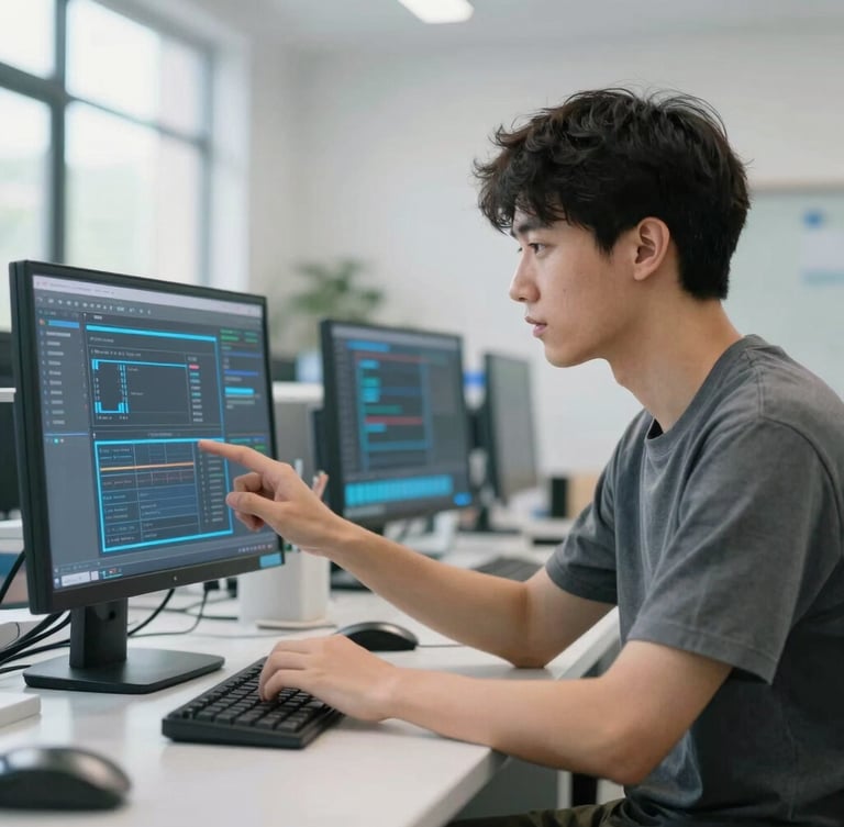 A young adult interacting with a modern digital interface in a bright, clean workshop environment, subtle cool-toned tech glows, shallow depth of field