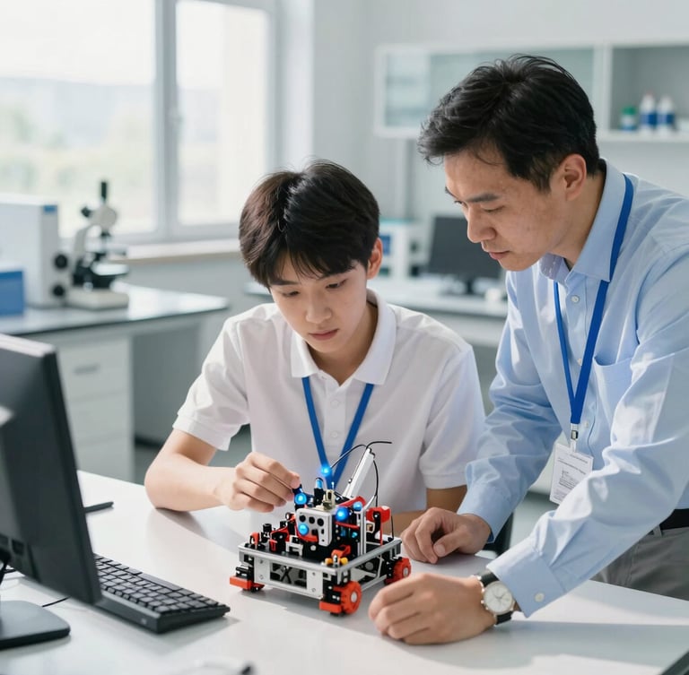 High-angle shot of a young adult student in a clean modern laboratory collaborating with an industry mentor over a physical robotics prototype, bright natural daylight, 35mm