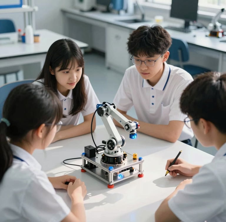 High-angle shot of high school students collaborating over a robotic arm prototype in a clean, modern laboratory lit by natural daylight and subtle blue tech glows, 35mm editorial photography