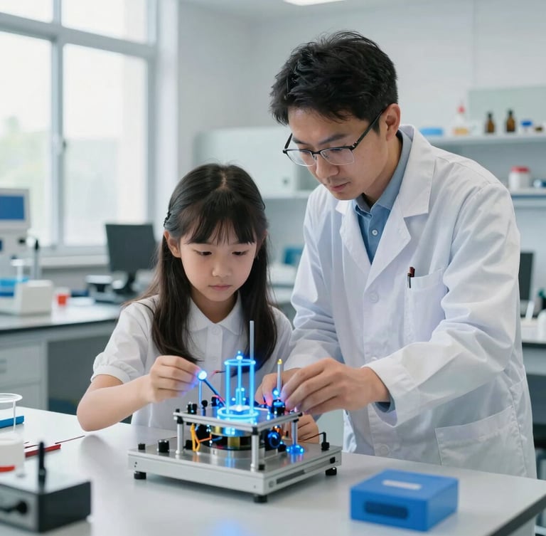 A professional engineer mentoring a young student over a complex physical prototype in a clean, modern laboratory, subtle blue tech glows, 35mm.