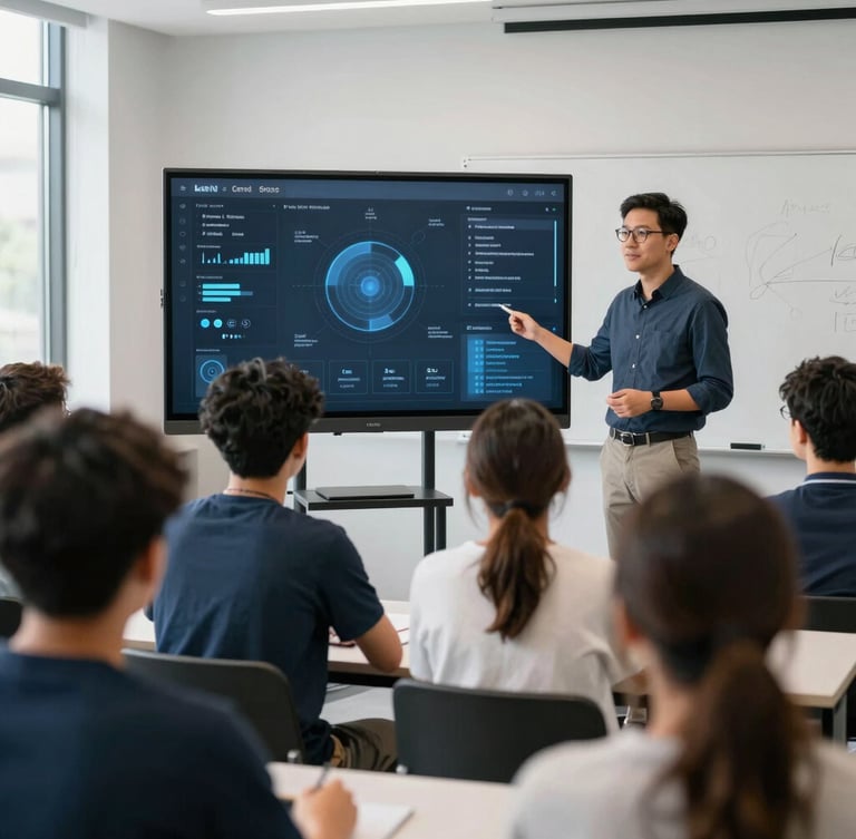A medium-close action shot of a student presenting a digital interface to a diverse group of peers and an industry mentor in a clean, modern workshop, natural daylight, 35mm.