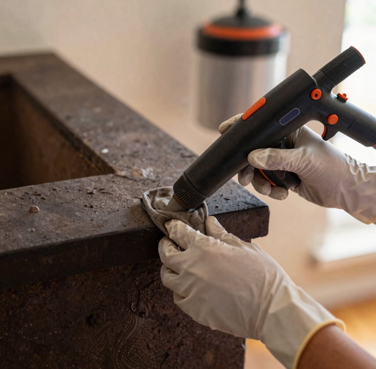 Close-up of hands wearing clean gloves, meticulously cleaning a chimney flue with specialized tools, dust-containment vacuum visible in background, focused light.