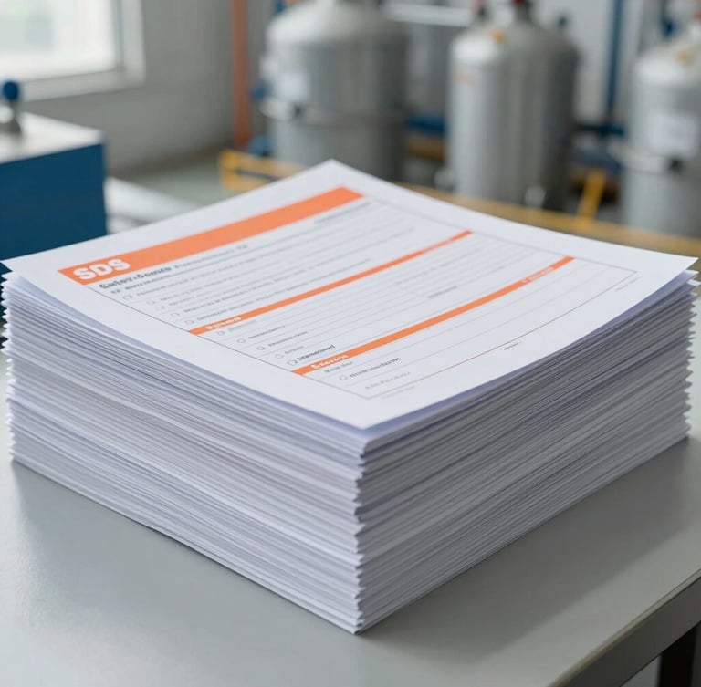 Close-up of a stack of chemical safety data sheets (SDS) documents on a clean industrial desk, with a blurred background of a modern chemical warehouse, cold daylight, desaturated tones with safety orange accents, clean composition, 35mm